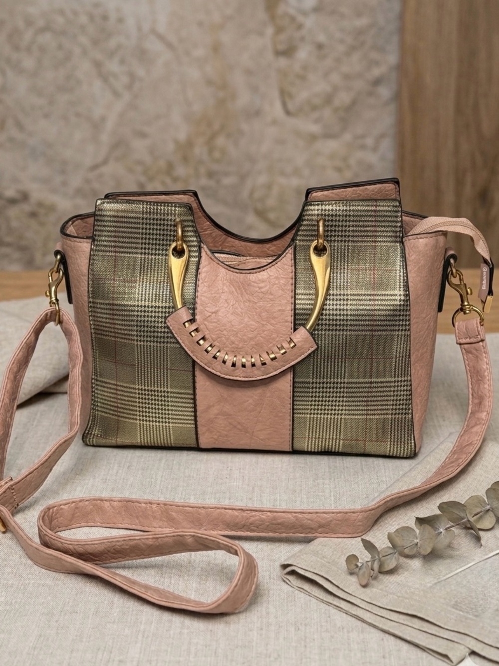 Blush Pink Plaid Accent with unique handles Women’s Shoulder Bag